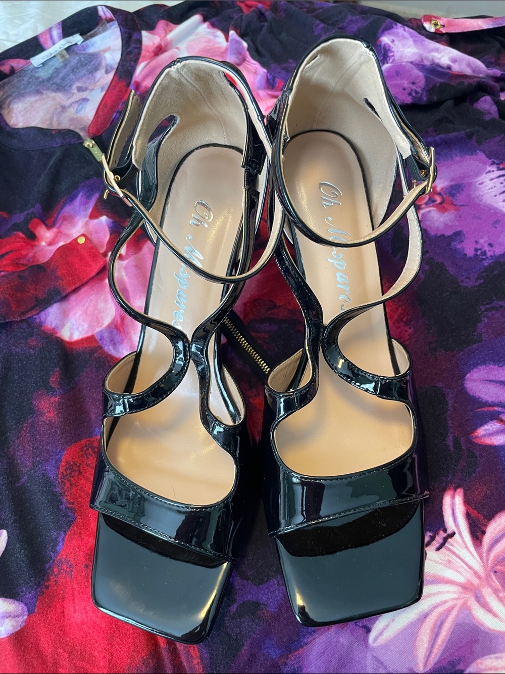 Black Patent Strappy Square-Toe Women's Heels with Ankle Wrap
